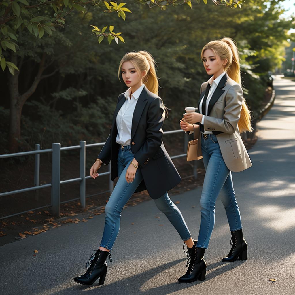  cinematic photo a beautiful caucasian woman. walking in a park. with suntanned skin. with full lips. with long blonde hair in a ponytail. wearing muted lipstick. with smokey eyes. wearing jewelry. wearing a cropped blazer. wearing high heel boots. wearing skinny jeans. wearing a button down shirt. viewed from the side.. 35mm photograph, film, bokeh, professional, 4k, highly detailed