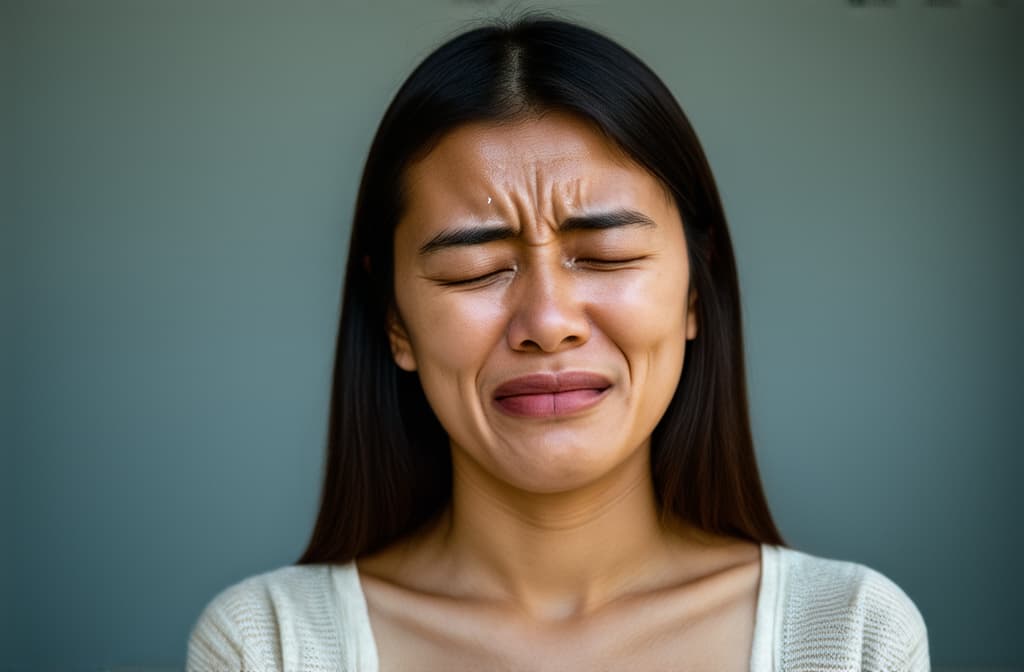  young sad asian woman crying with tears streaming down her cheeks. emotional breakdown, closed eyes and closed mouth ar 3:2, (natural skin texture), highly detailed face, depth of field, hyperrealism, soft light, muted colors