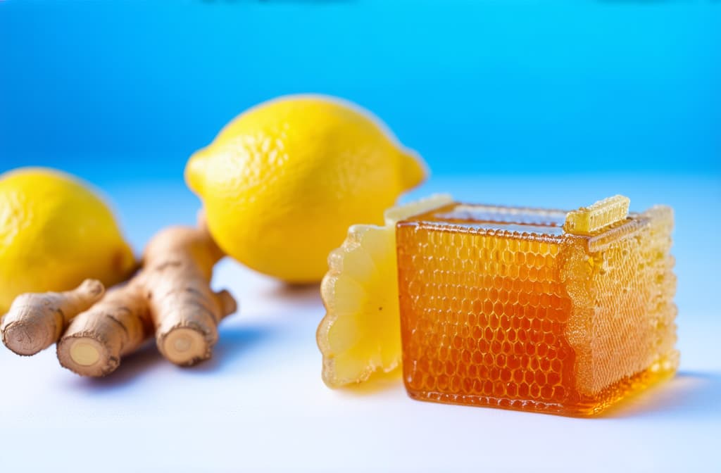  food gourmet photography style, honey in honeycomb with lemon and ginger isolated on white background, stock photo, highly detailed image ar 3:2, appetizing, professional, culinary, high resolution, commercial, highly detailed ,soft natural lighting, macro details, vibrant colors, fresh ingredients, glistening textures, bokeh background, styled plating, wooden tabletop, garnished, tantalizing, editorial quality