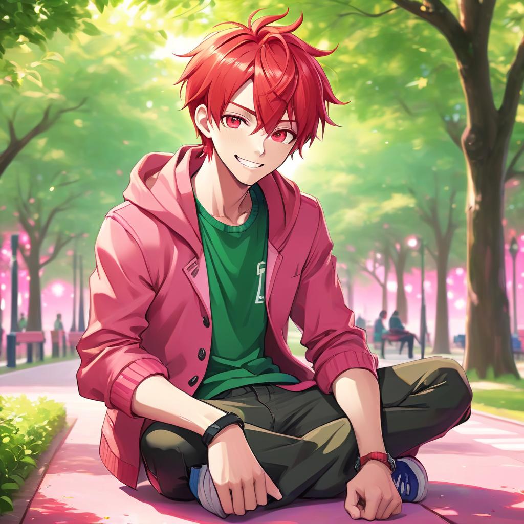  anime artwork a handsome anime guy with red hair, sitting at park, grins haughtily, with a pink and green background, anime style . anime style, key visual, vibrant, studio anime, highly detailed