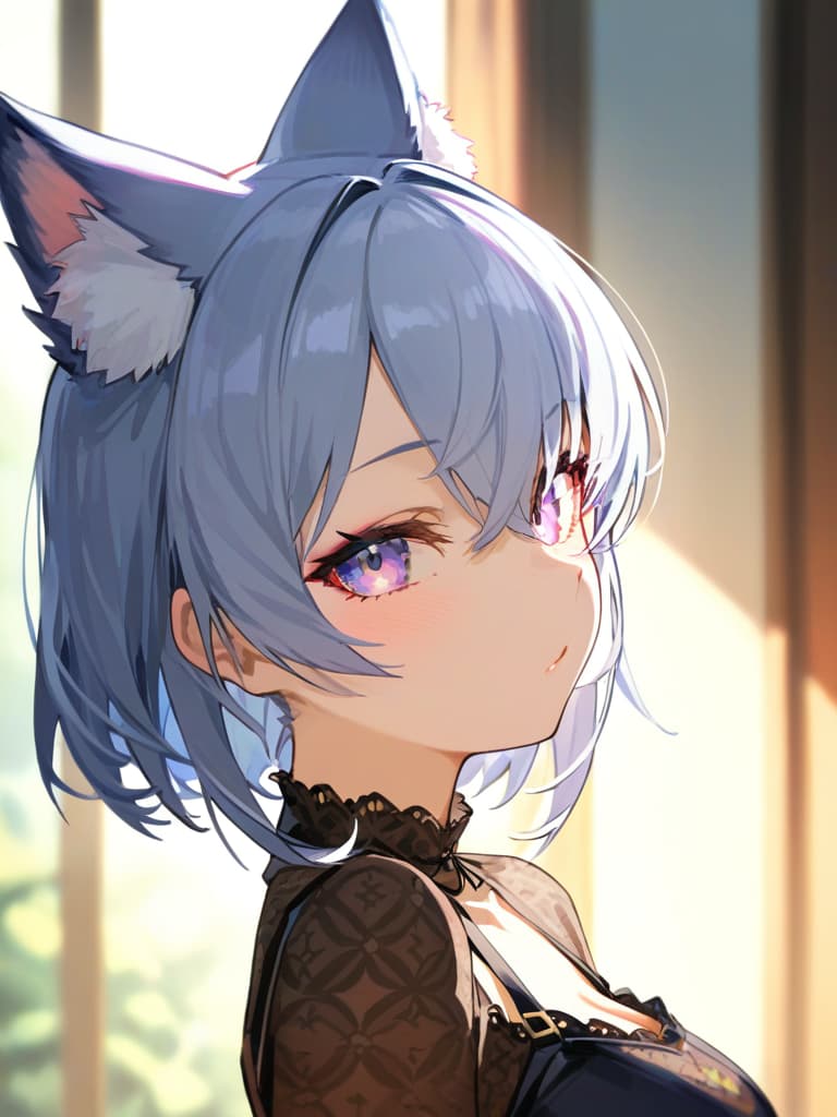  ultra detailed:1.2,masterpiece:1.2,best quality,masterpiece,bestquality,hdr:1.1,8k:1.1,very cute girl:1.3,fox ears:1.3,(silver fox girl,furry:1.3),silver hair:1.3,long hair:1.2,hair over one eye:1.2,purple eyes:1.2,clear face:1.1,:3,1.3,maid:1.3,face close up:1.4,face focus:1.4,from side:1.3