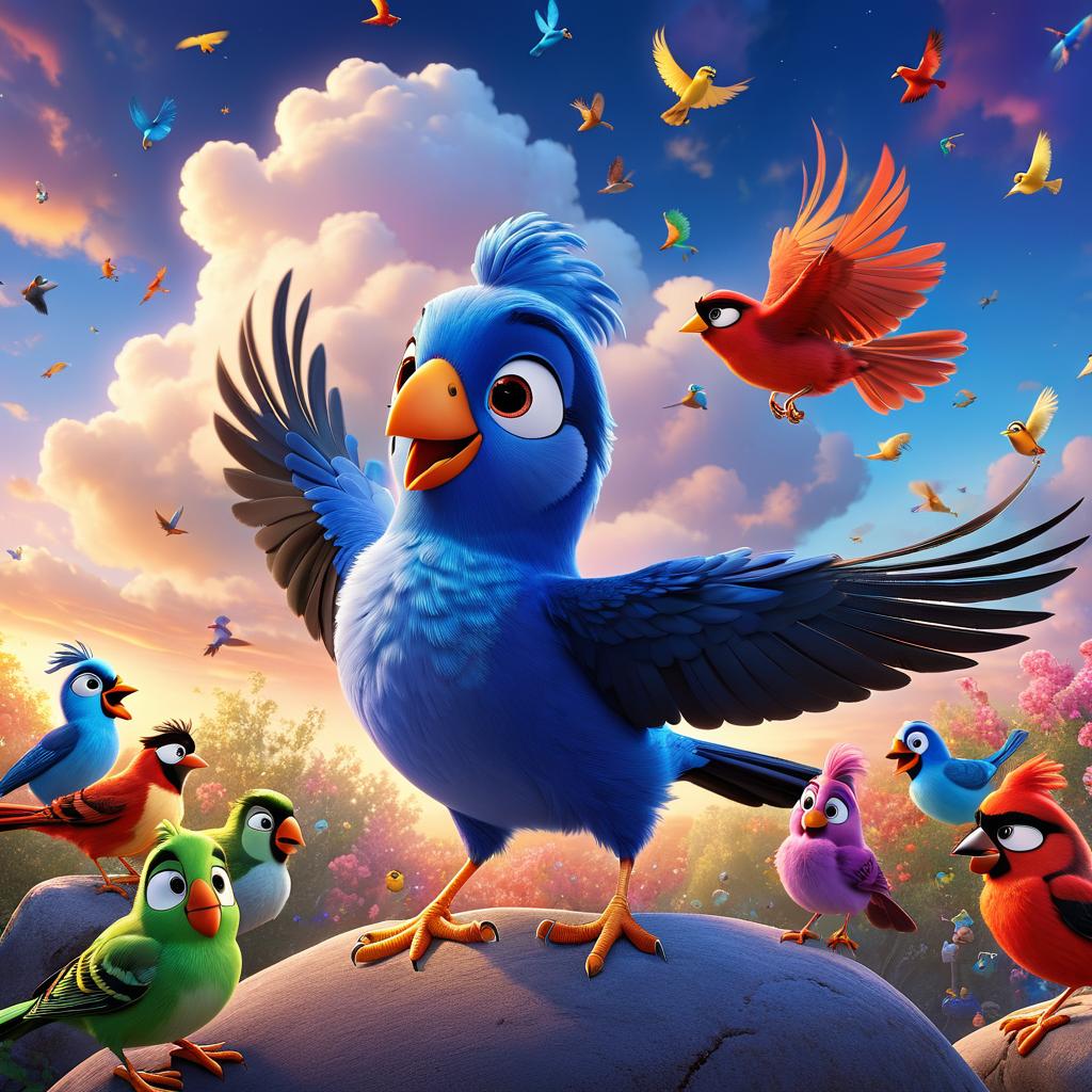  in 3d animated movie style. disney pixar style. in high resolution pixar 3d animated film style. colorful birds with varied feathers dance around a fluffy cloud in a vibrant sky setting, highlighted by bright, soft lights. bird's eye view composition captures puffy, a young character, floating aimlessly as the birds chirp joyfully around.