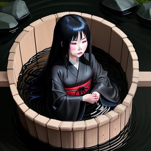  sadako is an adult in a black kimono in a black well, tied with red ribbon and chewing on a beaver.