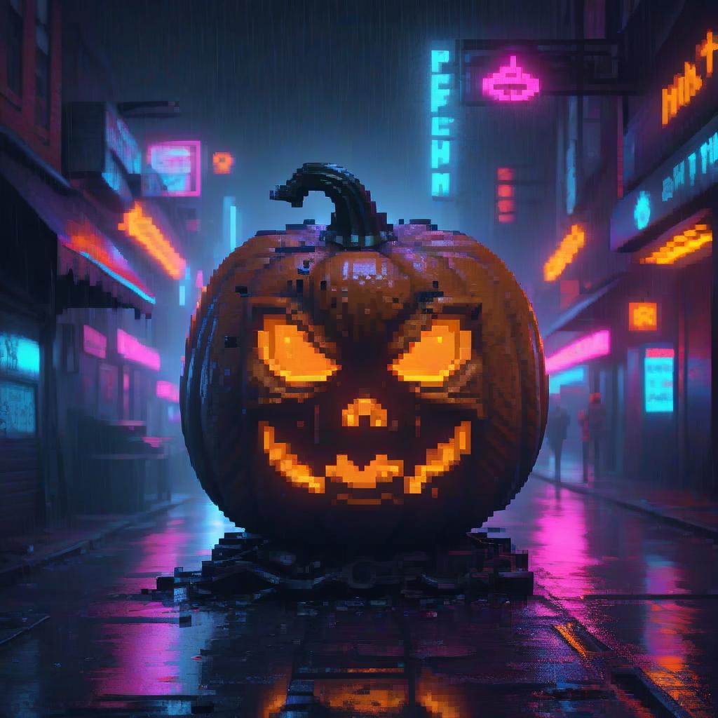  neon noir halloween pumpkin . cyberpunk, dark, rainy streets, neon signs, high contrast, low light, vibrant, highly detailed