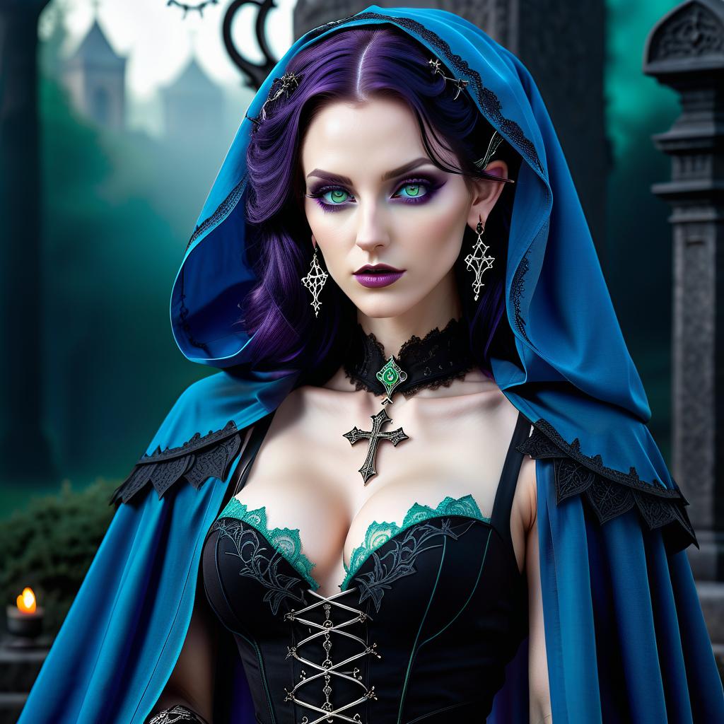  gothic style picture in full growth a very young elf with flat s and heterochromia: left eye light green, right light blue, both eyes shine. she has pale skin, slim, thin, thin, athletic with an extremely thin waist. long to heels saturated dark purple color loose curly hair. the wears mive earrings in the form of crosses and several earrings in her ears. she has a tattoo on her and her shoulders are open. dressed in black, a very short dress with a short crinoline and a short lush , tall mive boots on a sole, lace stockings on garters, and a long cloak. she holds the staff of the necromancer, and next in the air hovers a curved dagger and a book. a sits on a tombstone in a hyperrealistic, full body, detailed clothing, highly detailed, cinematic lighting, stunningly beautiful, intricate, sharp focus, f/1. 8, 85mm, (centered image composition), (professionally color graded), ((bright soft diffused light)), volumetric fog, trending on instagram, trending on tumblr, HDR 4K, 8K