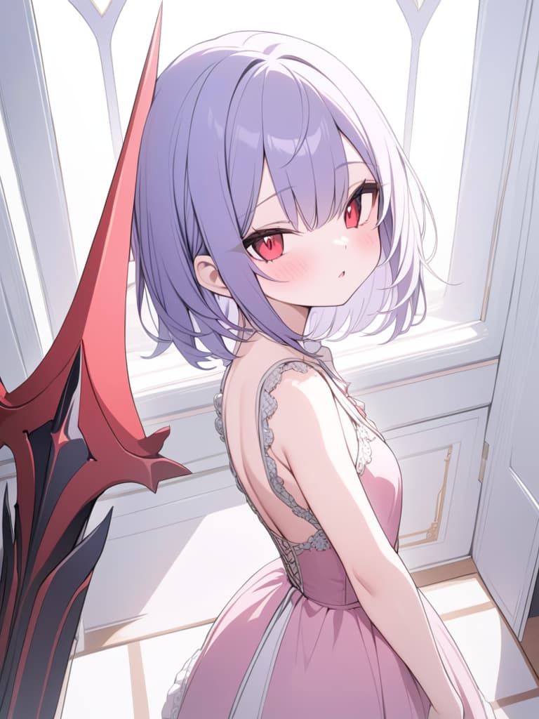  blue purple hair, bob hair, short hair, pink dress, red eye, vampire, devil feather, girl, young, red spear, little girl, dress, masterpiece, best quality,8k,ultra detailed,high resolution,an extremely delicate and beautiful,hyper detail