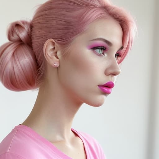  (--Style Photoralism, 16k) a close up of a woman with a pink shirt and a pink hair, pink shirt, pink lipstick, light pink lipstick, 🤬 🤮 💕 🎀, hair bun, ager , hyperrealistic , wearing a t-shirt, , beautiful makeup, hair tied in a bun, hair in a bun, updo, pink lips