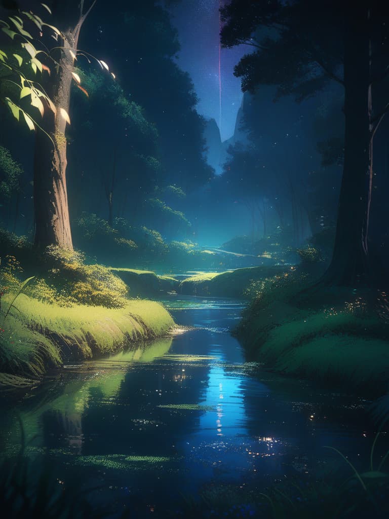  fantastic, pond in the forest, night, pond shining, beautiful, scenery, masterpiece, best quality,8k,ultra detailed,high resolution,an extremely delicate and beautiful,hyper detail