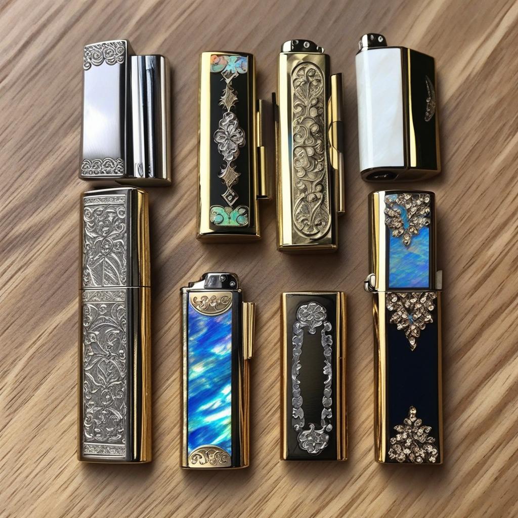  masterpiece, best quality,Draw a Zippo kerosene lighter metal shell decorated with mother-of-pearl craft and place the lighter on a table