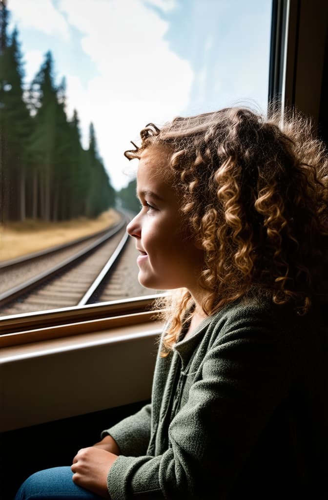  professional detailed photography, a child girl with light curly hair sits by the train window, outside the window there is a forest and rails ar 2:3, (muted colors, dim colors, soothing tones), (vsco:0.3)