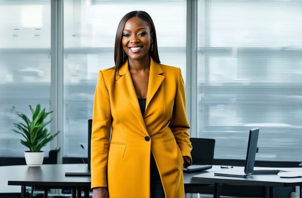  professional detailed photography, portrait of smiling businesswoman in mustard colored jacket standing in open plan office. happy female professional executive manager, financial banking or marketing data. ar 3:2, (muted colors, dim colors, soothing tones), (vsco:0.3)