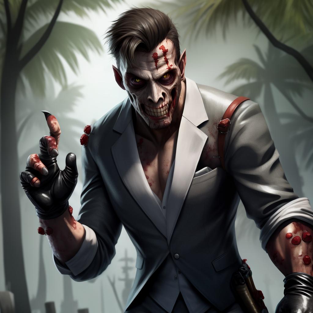  Mutated zombie in a suit with shiny leather gloves (dead island), open eyes, digital art, masterpiece, 4k, fine details,