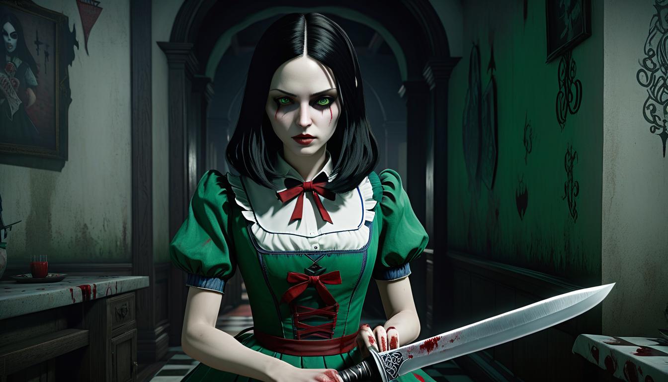  horror themed alice: madness returns, looking at the camera, full body, pale skin, realistic photo, hyper realism, high detail, high quality, 8k, erotica, horror, hands with a knife in blood, green eyes. . eerie, unsettling, dark, spooky, suspenseful, grim, highly detailed