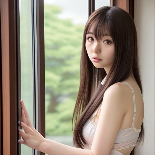  a woman in posing in front of a window, ayami koj ima, kimi takemura, beautiful alluring anime , hana yata, akira yoshizawa, with dark brown hair, mai yoneyama, suki, japanese model, japanese, sana takeda, beautiful young asian woman, asian hyperdetailed, 