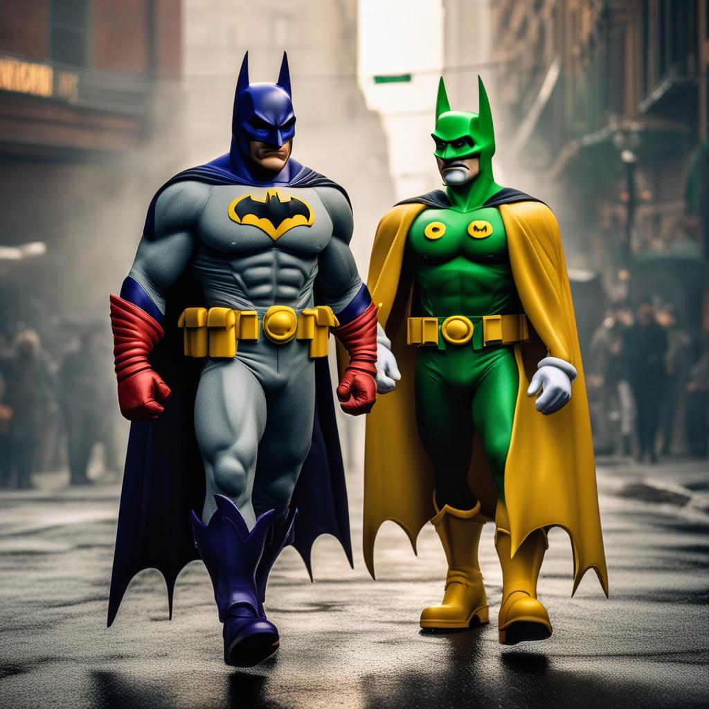  mario as batman, luigi as the joker hyperrealistic, full body, detailed clothing, highly detailed, cinematic lighting, stunningly beautiful, intricate, sharp focus, f/1. 8, 85mm, (centered image composition), (professionally color graded), ((bright soft diffused light)), volumetric fog, trending on instagram, trending on tumblr, HDR 4K, 8K