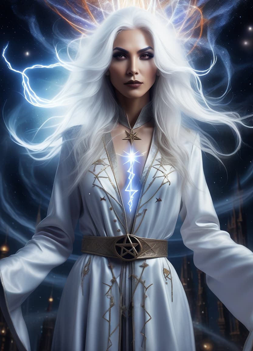  (style of siya oum:1.2): woman witch in a robe with stars creates lightning magic, in a pointed hat, long loose white hair, white gloves, against the backdrop of the magic tower, against a backdrop of many stars and silver dust, sci fi abstract art, multicolore, (frame with intricate thin celtik magical symbol ornamentation:1.4) :: (thin: 1,3) lines,