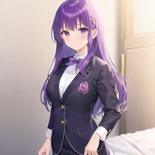  master piece , best quality,yukari mukuki 、to wear formal clothing in a casual way、purple hair