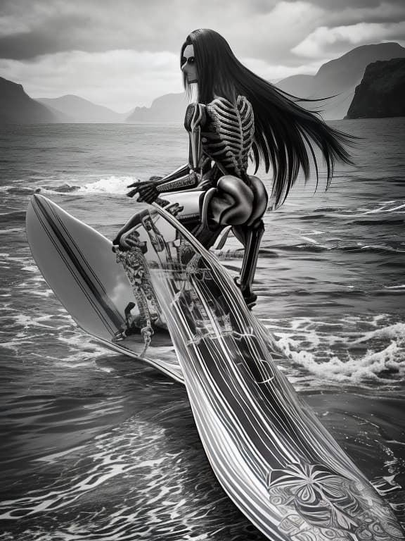  A skeleton with long hair stands on a surfboard and rides a wave, in a black and white color. hyperrealistic, full body, detailed clothing, highly detailed, cinematic lighting, stunningly beautiful, intricate, sharp focus, f/1. 8, 85mm, (centered image composition), (professionally color graded), ((bright soft diffused light)), volumetric fog, trending on instagram, trending on tumblr, HDR 4K, 8K
