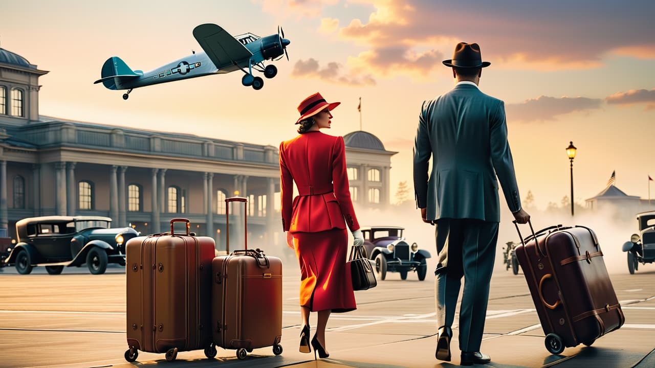  a vintage airplane soaring above a bustling 1920s airport, with passengers in period attire boarding, surrounded by classic cars, luggage carts, and historical architecture, capturing the dawn of commercial flight in the usa. hyperrealistic, full body, detailed clothing, highly detailed, cinematic lighting, stunningly beautiful, intricate, sharp focus, f/1. 8, 85mm, (centered image composition), (professionally color graded), ((bright soft diffused light)), volumetric fog, trending on instagram, trending on tumblr, HDR 4K, 8K