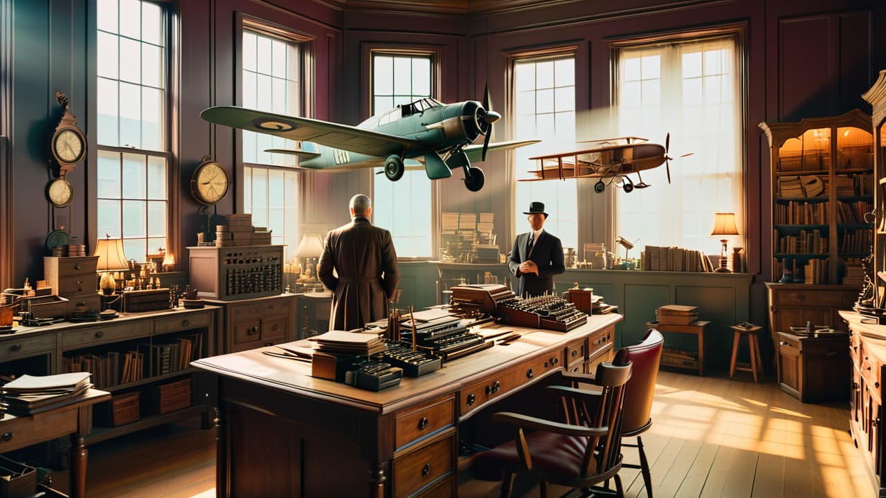  a vintage workshop scene showcasing early 1900s inventors, surrounded by blueprints and wooden airplane models, with sunlight streaming through dusty windows, highlighting tools and sketches of the wright brothers' first aircraft. hyperrealistic, full body, detailed clothing, highly detailed, cinematic lighting, stunningly beautiful, intricate, sharp focus, f/1. 8, 85mm, (centered image composition), (professionally color graded), ((bright soft diffused light)), volumetric fog, trending on instagram, trending on tumblr, HDR 4K, 8K