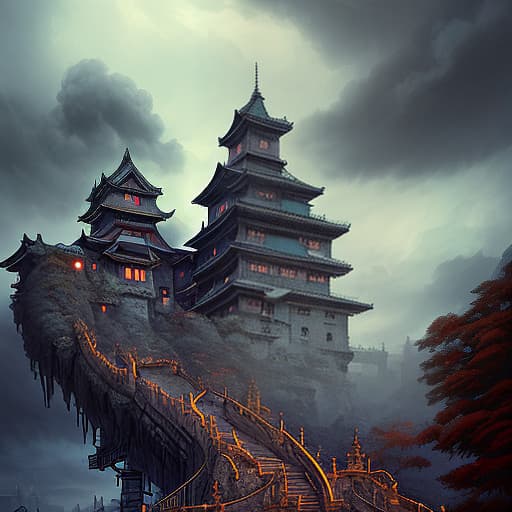  landscape, in the distance, a japanese castle to which 6 narrow stairs lead from different sides, which stands on a clockwork mechanism, everywhere clouds, steam, cloudy weather, steampunk, blue sky, dark , creepy , blood , monsters , by jason engle , carlos huante , charlie bowater , simon lee , brom