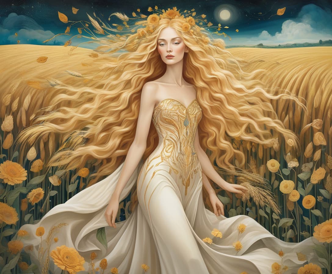  create a surreal mixed media portrait of sif, the norse goddess of earth and harvest, blending dalí's dreamlike worlds and klimt's organic forms. show sif with golden hair merging with wheat fields, vines, and blooming flowers. her gown should mix leaves, petals, and grains. surround her with a surreal landscape where earth create a surrealist mixed media portrait of sif, the norse goddess of earth and harvest, inspired by the dreamlike worlds of salvador dalí and the organic forms of gustav klimt. depict sif with flowing golden hair that merges with fields of wheat, her locks interwoven with vines and flowers that seem to grow and bloom in real time. her gown should be a collage of natural textures—leaves, petals, and grains—softly b