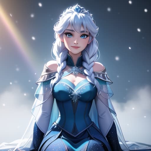  (#Disney CGI style), (masterpiece, best quality, highres:1.2), (#Disney CGI style), (intricate and beautiful:1.2), (detailed light:1.2), (soft lighting, side lighting, reflected light), (colorful, dynamic angle), Disney (Elsa of Arendelle) dark cape, dark dress, fur trim, single braid, snowflake pattern, smile, big eyes, snow hyperrealistic, full body, detailed clothing, highly detailed, cinematic lighting, stunningly beautiful, intricate, sharp focus, f/1. 8, 85mm, (centered image composition), (professionally color graded), ((bright soft diffused light)), volumetric fog, trending on instagram, trending on tumblr, HDR 4K, 8K