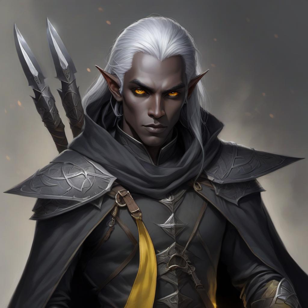  pathfinder, half elf drow, man, dark gray cloak, black boots, small throwing knives, dark gray hair, dark yellow eyes, calm look