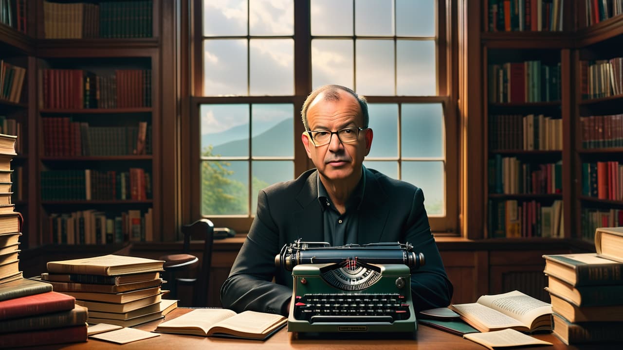  a contemplative will shortz, surrounded by a chaotic array of crossword puzzles, clocks, and a vintage typewriter, with a backdrop of a dimly lit room filled with books and a large window revealing a stormy sky. hyperrealistic, full body, detailed clothing, highly detailed, cinematic lighting, stunningly beautiful, intricate, sharp focus, f/1. 8, 85mm, (centered image composition), (professionally color graded), ((bright soft diffused light)), volumetric fog, trending on instagram, trending on tumblr, HDR 4K, 8K