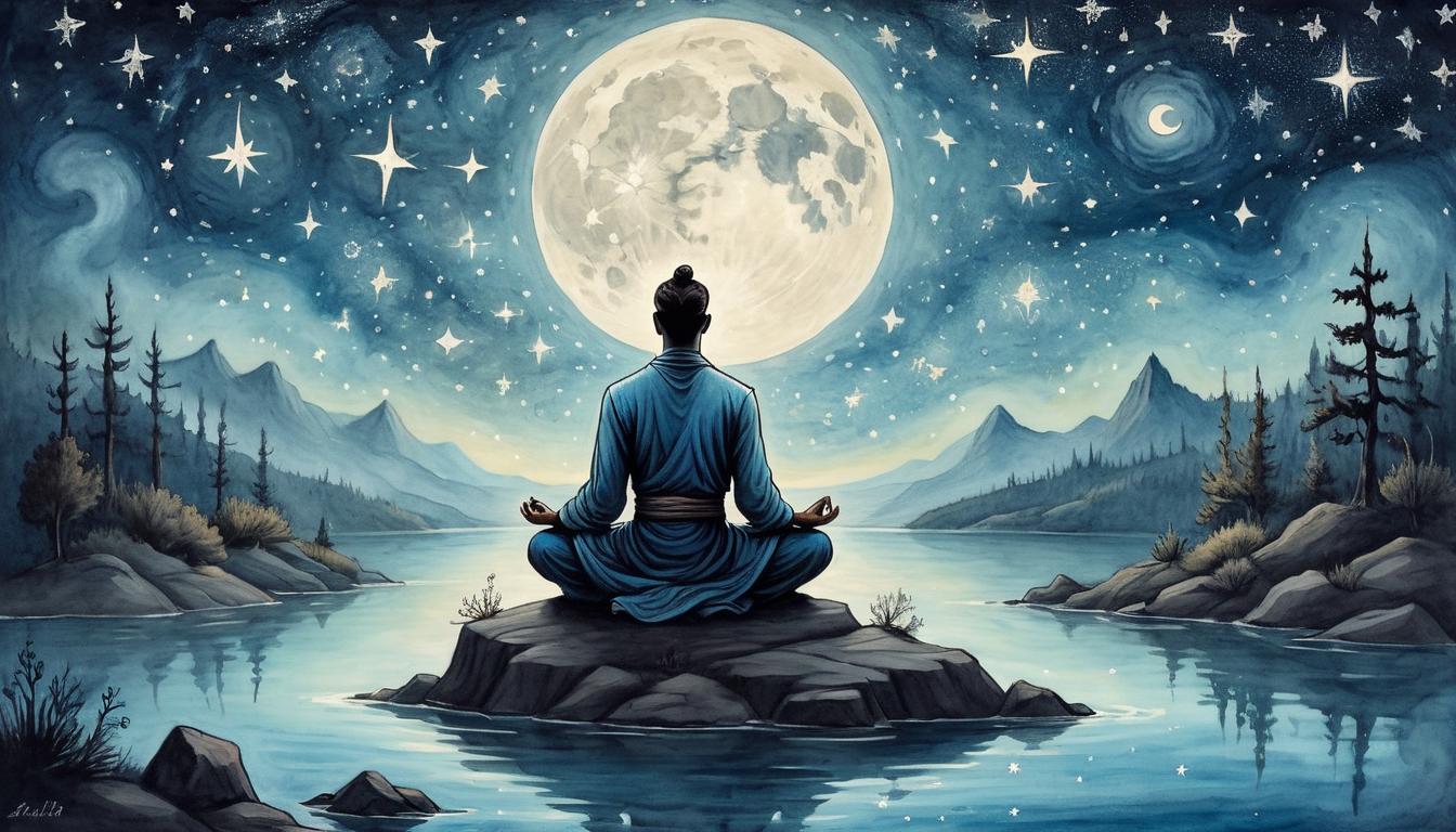  on parchment, surrealism+++, a serene figure meditating under a starry night sky, calm waters, radiant inner peace, self reliance and harmony(mysterious, provocative, symbolic,muted color)+++