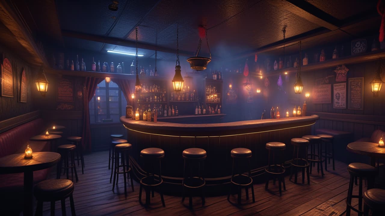  a picture of a dark and cozy karaoke bar. the patrons of the bar is witches. decor should have candles, cauldrons, misty smoke, potions. include a single stage and a microphone, high quality, high details, hd, perfect composition, 4k epic detailed, highly detailed, sharp focus, high resolution