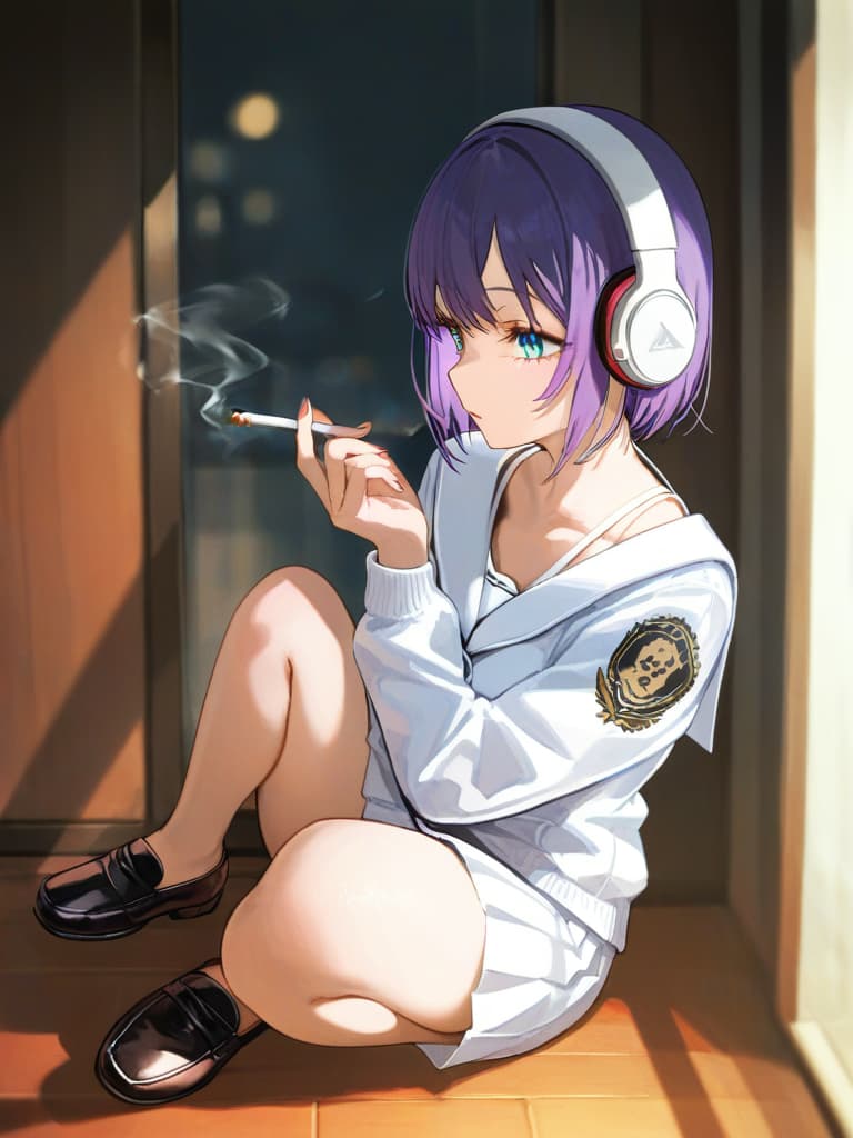  s wearing black tights, headphones, black loafers, whole body, blue eyes , blonde bob cut , white pleated , white sailor suit, tobacco, to cigarettes, purple on the left . a with a rose tattoo, a smoking cigarettes, a spider web on the left arm, masterpiece, best quality,8k,ultra detailed,high resolution,an extremely delicate and beautiful,hyper detail