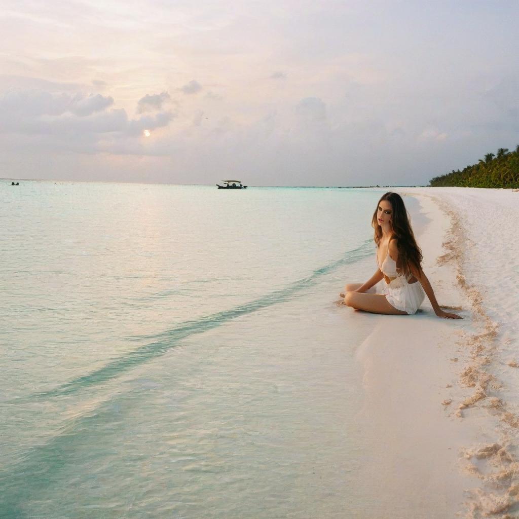  beautiful light with light makeup in on the beach on maldives, film photography style