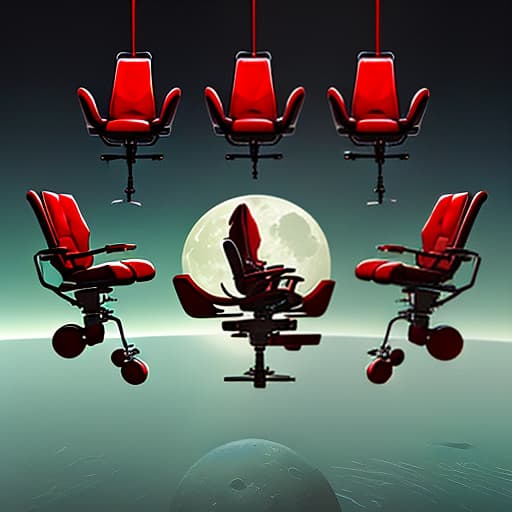  3 red chairs in zero gravity hover over the moon