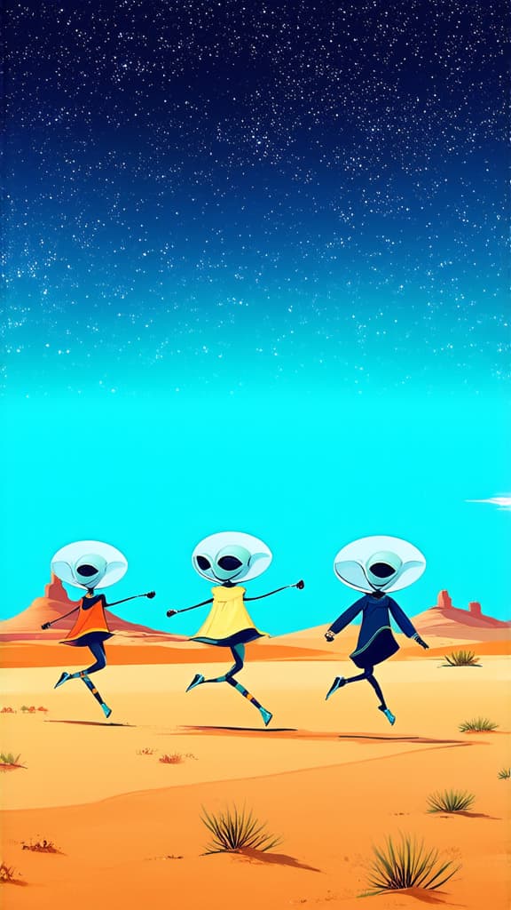  flat illustration, flaticon, (illustration:1.15), dancing aliens in a desert landscape with cosmic starry sky ar 9:16, [cory loftis, strobist, pascal campion :: 0.2]