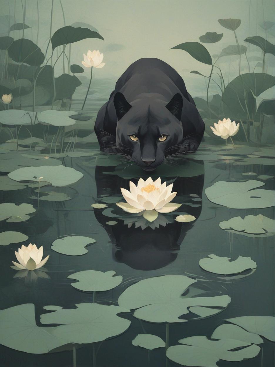  minimalism, panther in a lotus pond illustration, abstract, simple geometic shapes, hard edges, sleek contours, minimalism