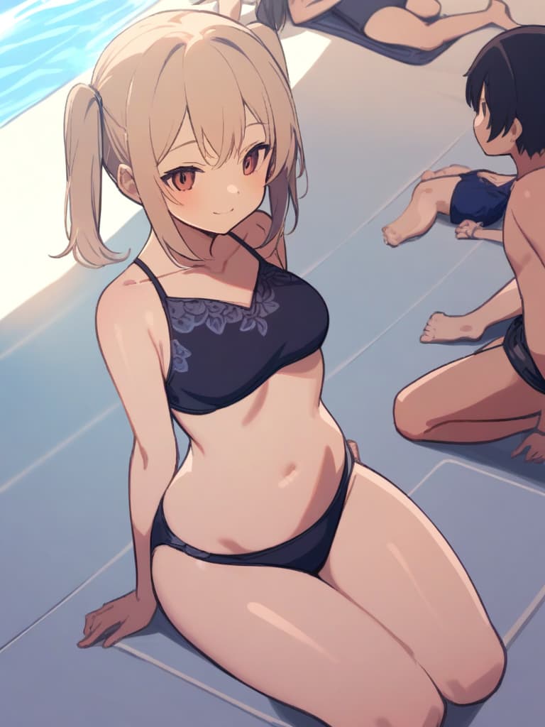  women's elementary students (male), twin tails, cute smiles, (rich s), short stature, dark blue swimwear, old swimwear, swimwear, simple, male (upward), (swelling), clear shape. , front, whole body, pool side,