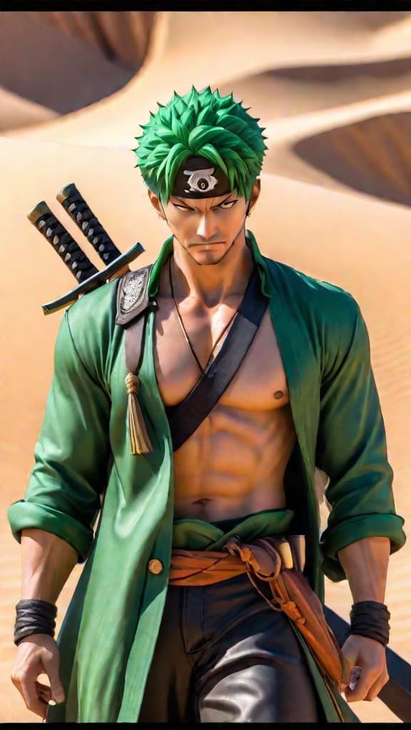  anime art of zoro from one piece getting lost in a desert, almost jeopardizing the mission. hyperrealistic, full body, detailed clothing, highly detailed, cinematic lighting, stunningly beautiful, intricate, sharp focus, f/1. 8, 85mm, (centered image composition), (professionally color graded), ((bright soft diffused light)), volumetric fog, trending on instagram, trending on tumblr, HDR 4K, 8K