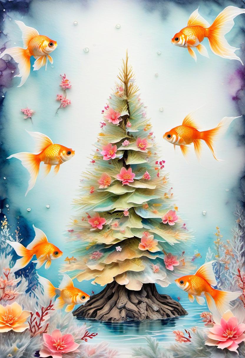  fairy tale christmas trees with cones, a fabulous goldfish in an aquarium in a kimono, (double exposition: 1.4). (soft textured paper). alcohol ink of (bright) flowers. the incompleteness effect. tenderness of watercolors, winter, delicate colors. thin white lines. emotion. light relief pattern. . magical, fantastical, enchanting, storybook style, highly detailed