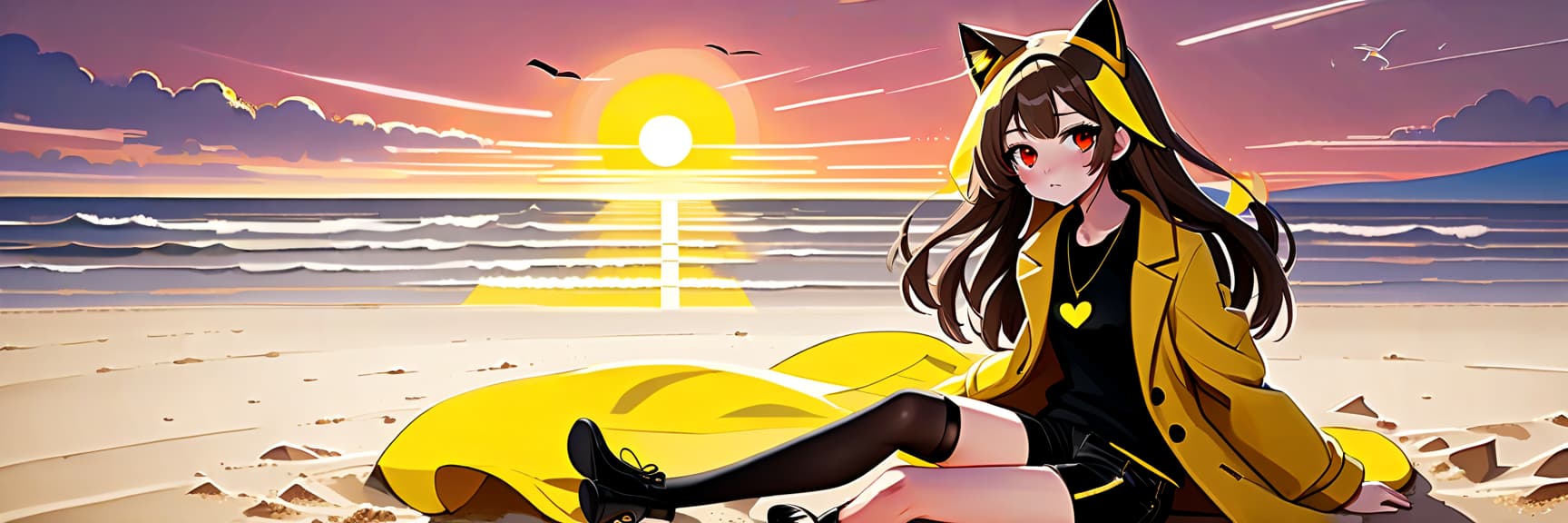  architectural style an anime girl with cat ears sits on the sand of the beach. she has long dark brown hair, which flies slightly in the breeze. her face, with pronounced jewish and slavic features, radiates lively energy. brown eyes are full of deep emotions, as if reflecting the vast expanses of the ocean. she wears a bright yellow coat, which seems to shine, catching the eye and contrasting with the soft shades of the sunset. under her coat she wears a black shirt and black shorts are decorated with yellow elements, creating a stylish and dynamic look. a bright red sunset turns into night, and the bright red rays of the sun fall on the terrain and contrast with the night darkness. . clean lines, geometric shapes, minimalist, modern, arch