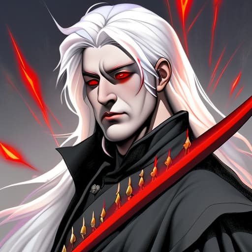  A medieval man with white hair two swords and red eyes