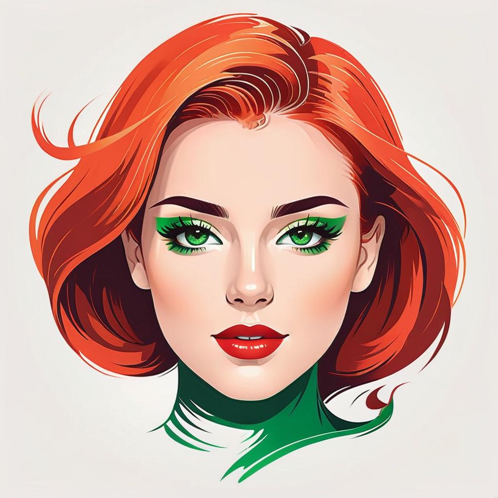  pretty redhead with bright green eyes finger in, (logo), creative, unique, abstract, colorful, hand drawn, brush strokes, freeform shapes, expressive, playful