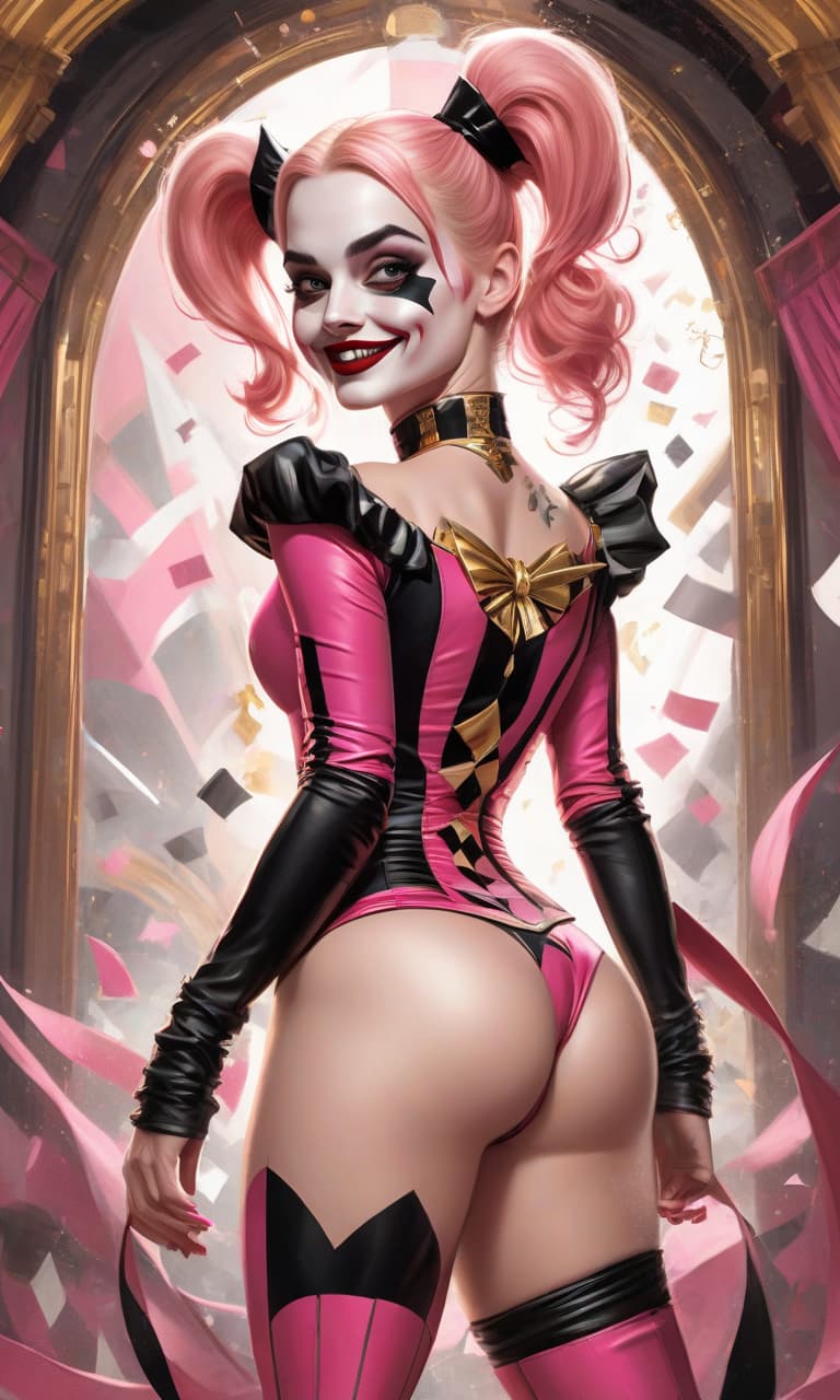  concept art pink, gold, black, white circus domed margot robbins to the waist in the form of harley quinn costume . digital artwork, illustrative, painterly, matte painting, highly detailed, perfect hands