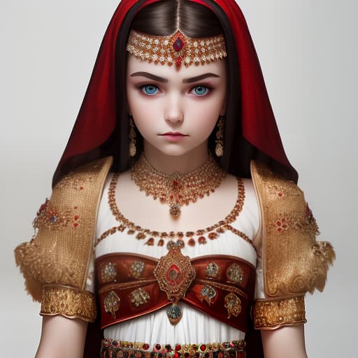  beautiful tatar girl with national jewelry in a dress closed brooding face looks down the belt on a white background