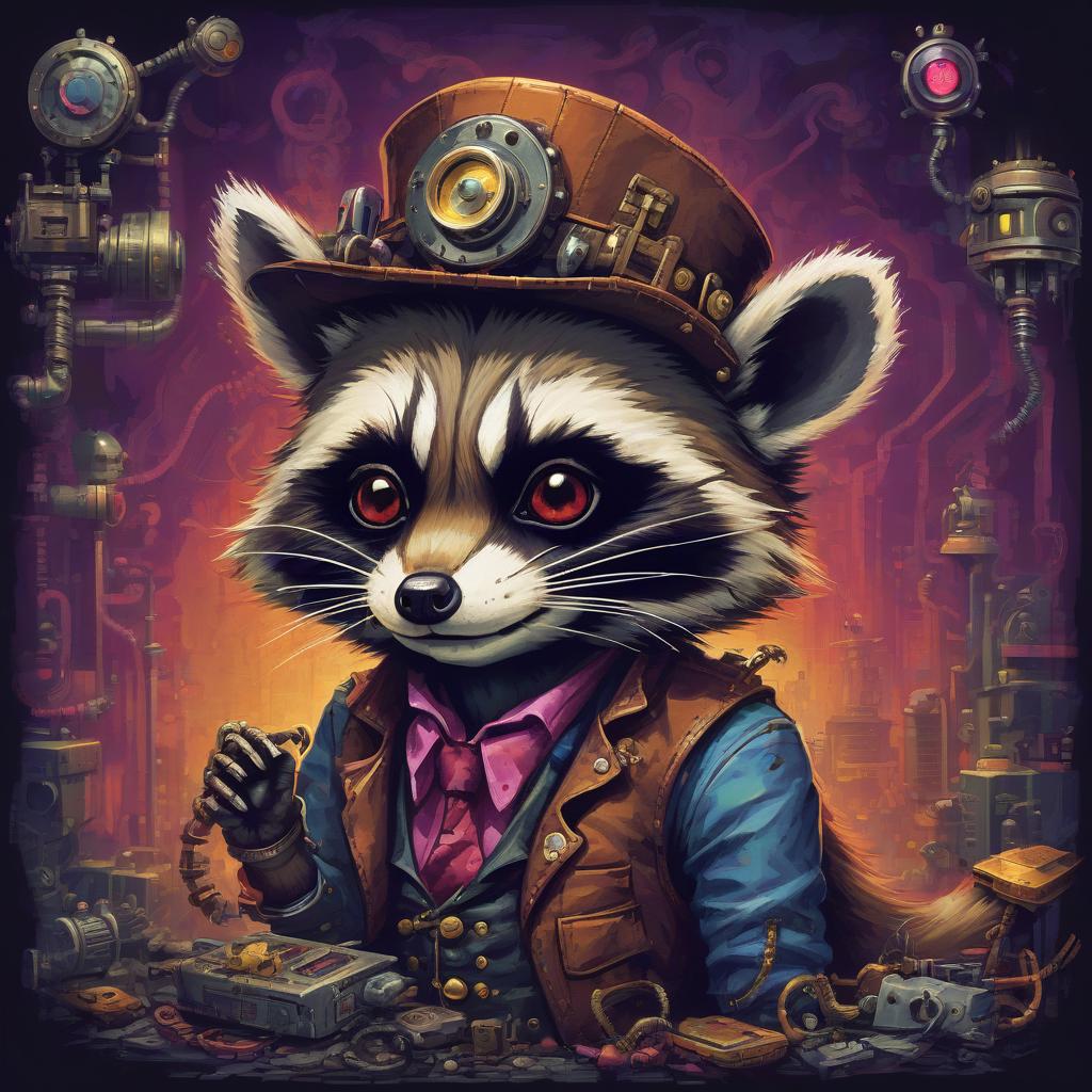  retro game art steam punk, ghost raccoon. . 16 bit, vibrant colors, pixelated, nostalgic, charming, fun