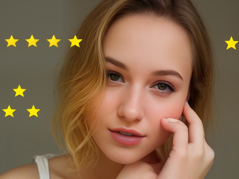  a beautiful young woman leaves a review on a website in the form of five yellow stars