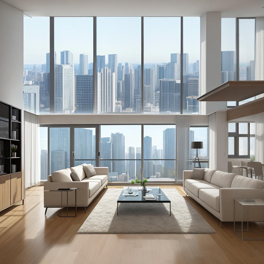  masterpiece, best quality, Best Quality, Masterpiece, 8k resolution,high resolution concept art of an apartment living room with floor to ceiling windows and modern furniture