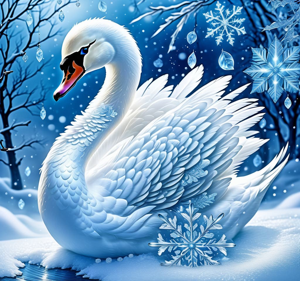  dreamscape thy name is (kiss the snow1,2) . ((key, (ice, blue1,6 sip)) ((blue eyed)) i've been jinxed ((snow singer1,8) . ((snow swan)) ((the snow swan)) feathers at my feet.( feathers flutter and slowly sink into the snow). (snow white swan): the head and body are creamy white with a silvery tint. wings of white blue colour from snowflakes (roses): light blue colour with leaves from ice crystals. background:soft blue with delicate patterns of falling snow and curls of blizzards, ice patterns on water.(style):fantasy, romantic art, silver age poetry, 19th century, dedication. . surreal, ethereal, dreamy, mysterious, fantasy, highly detailed, civitai, hkmagic