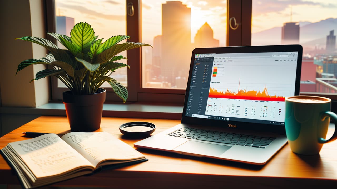  a cozy workspace featuring a laptop displaying stock charts, a notebook filled with handwritten notes, a steaming mug of coffee, and a potted plant, all set against a bright window with a view of the city. hyperrealistic, full body, detailed clothing, highly detailed, cinematic lighting, stunningly beautiful, intricate, sharp focus, f/1. 8, 85mm, (centered image composition), (professionally color graded), ((bright soft diffused light)), volumetric fog, trending on instagram, trending on tumblr, HDR 4K, 8K