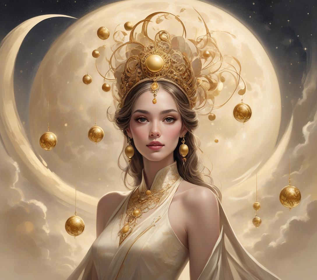  concept art an elegant woman adorned with a sophisticated headpiece featuring gold orbs and swirling beige accents against a lunar backdrop. photo mage, searching for non obvious connections happiness is realized only after it has already happened, happiness is always in the past. happiness can only be remembered! in the style of dan quintana . digital artwork, illustrative, painterly, matte painting, highly detailed